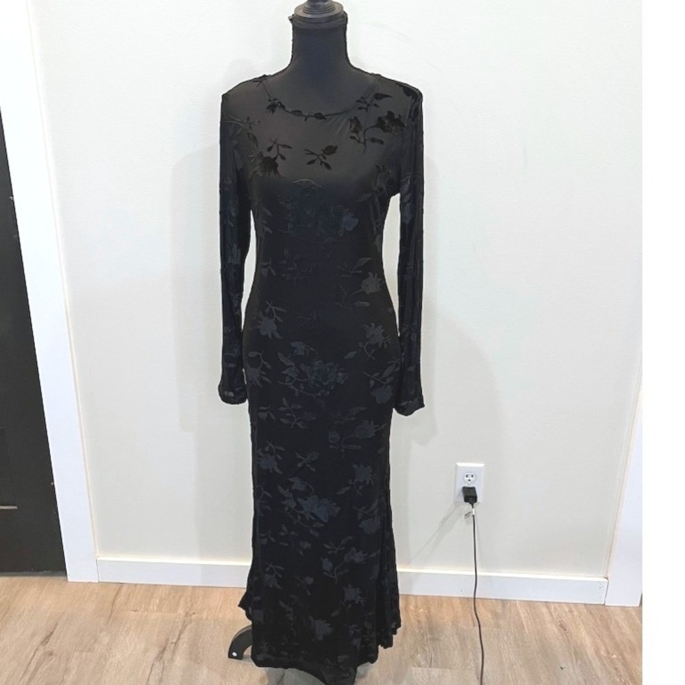 Gothic Dark Romantic Black Velvet Burnout Long Sleeve Maxi Dress Size M New